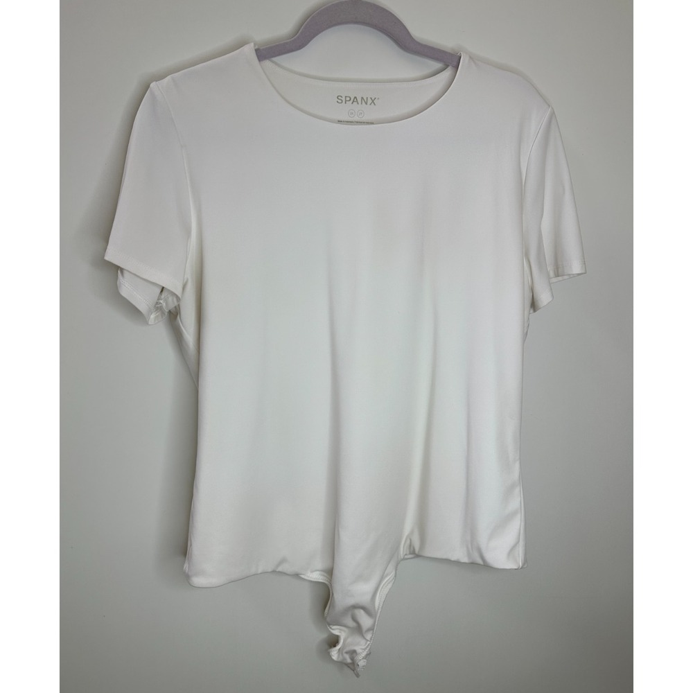 Spanx Short Sleeve Crew Neck Bodysuit White Plus Size 2X Stretch Shapewear Snaps - Picture 2 of 10